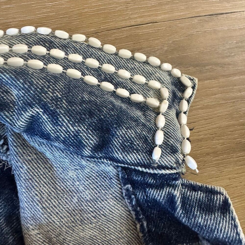 Vintage Angiolo Bellini L Embellished Jean Jacket Retro 80's Disco Beaded Lace - Picture 6 of 8